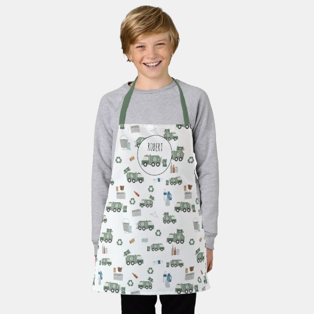 Cute Green Recycling Truck Vehicles Kids Name Apron (Worn)