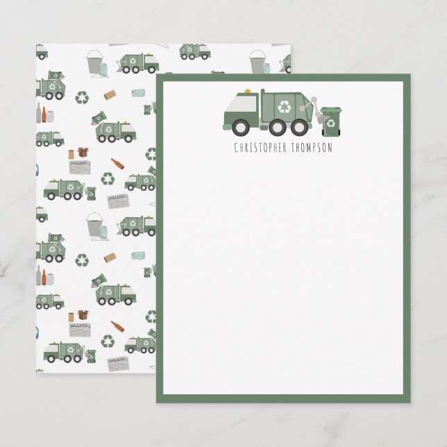 Cute Green Recycling Truck Vehicles Kids Name Card (Front/Back)