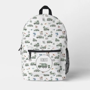 Cute Green Recycling Truck Vehicles Kids Name Printed Backpack