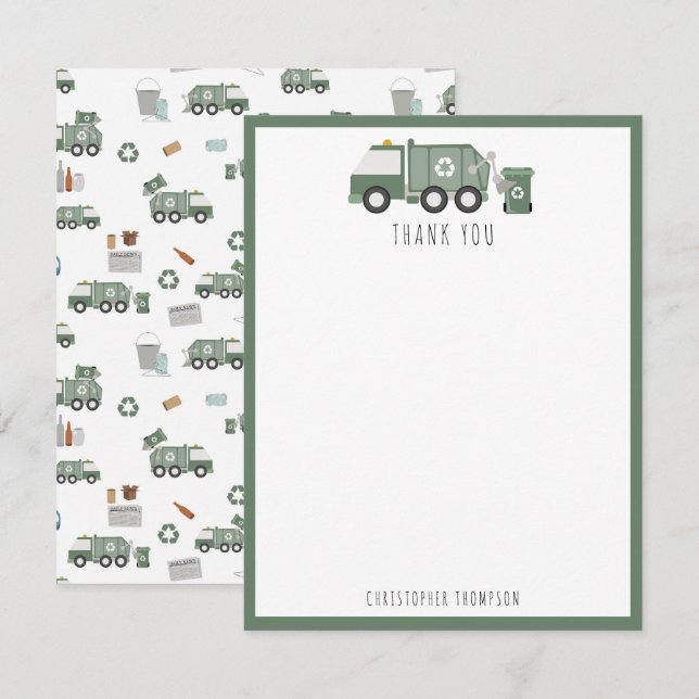 Cute Green Recycling Truck Vehicles Kids Name Thank You Card (Front/Back)