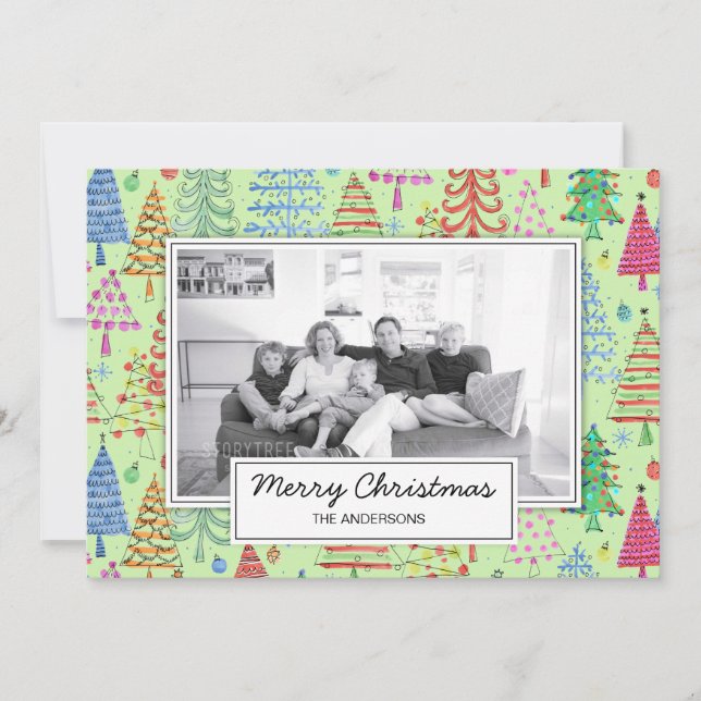 Cute Green Red Blue Christmas Trees Family Photo Holiday Card (Front)