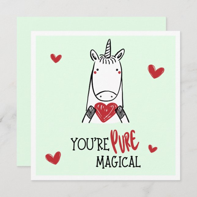 Cute Green Red Hearts Unicorn Kids Valentines Day Card (Front/Back)