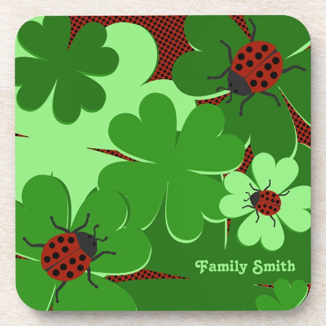 Cute Green Red Ladybug Clover Leaves Family Name Coaster (Front)