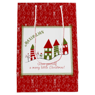 Cute green&red village in the snow at Christmas Medium Gift Bag