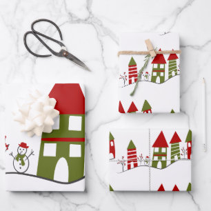 Cute green&red village in the snow at Christmas Wrapping Paper Sheet