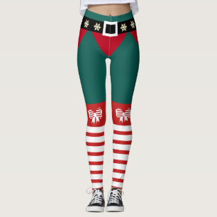 Cute Green Red White Stripes Candy Cane Elf Womens Leggings