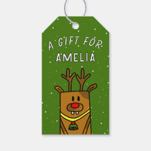 Cute Green Reindeer Kid`s Name Christmas Gift Tags