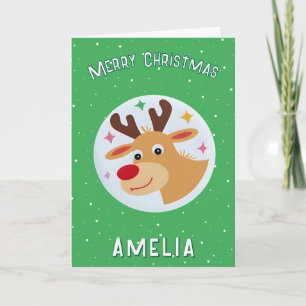 Cute Green Reindeer Kid`s Name Merry Christmas Card