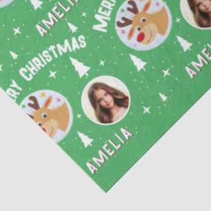 Cute Green Reindeer Kid`s Name Photo Christmas Tissue Paper