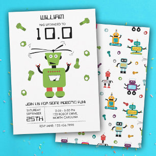 Cute Green Robot Theme Kids Robots Birthday Party Invitation