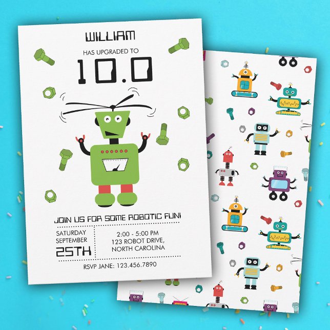 Cute Green Robot Theme Kids Robots Birthday Party Invitation (Cute Green Robot Theme Kids Robots Birthday Party Invitation)