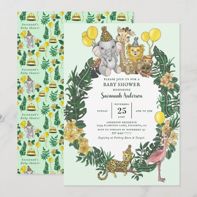 Cute Green Safari Animals Boy Baby Shower Invitation (Front/Back)
