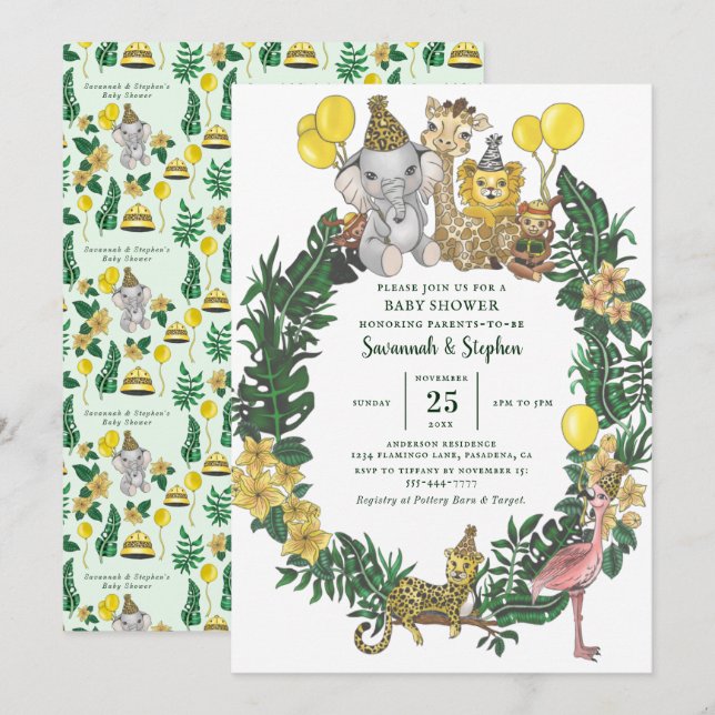 Cute Green Safari Animals Couples Baby Shower Invitation (Front/Back)