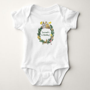 Cute Green Safari Animals Wreath First Birthday  Baby Bodysuit