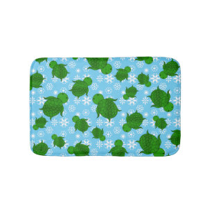 Cute green sea turtle christmas blue snowflakes bath mat