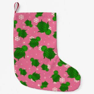 Cute green sea turtle christmas pink snowflakes small christmas stocking