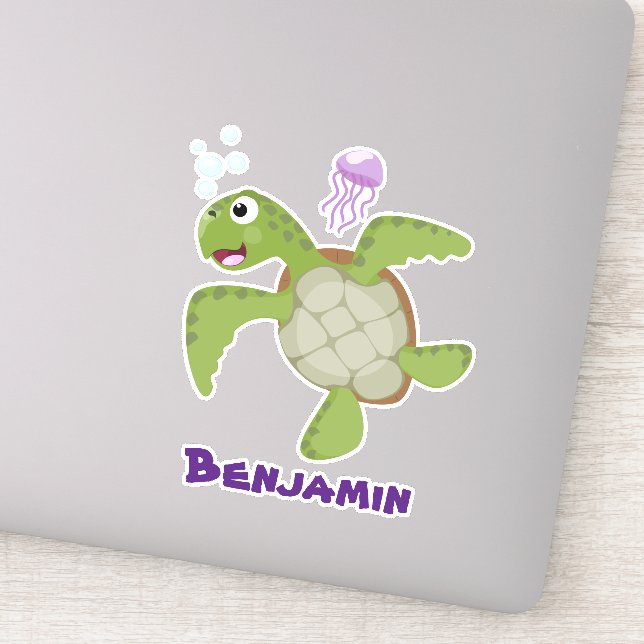 Cute green sea turtle happy cartoon illustration (Detail)