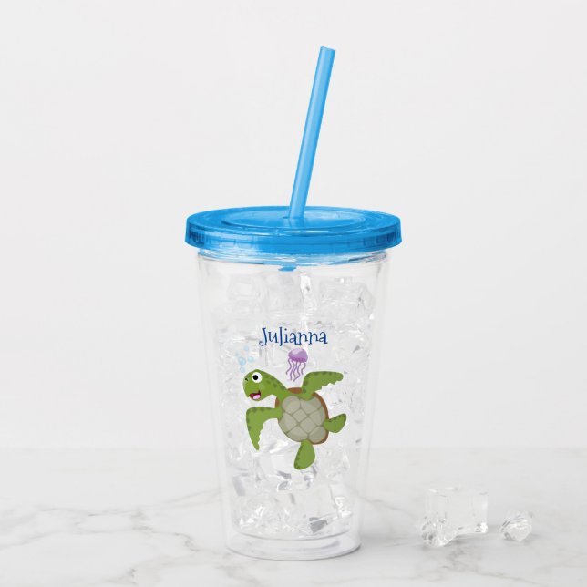 Cute green sea turtle happy cartoon illustration acrylic tumbler (Back Ice)