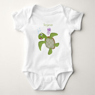 Cute green sea turtle happy cartoon illustration baby bodysuit