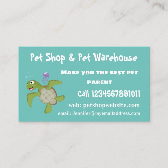 Cute green sea turtle happy cartoon illustration business card (Front)