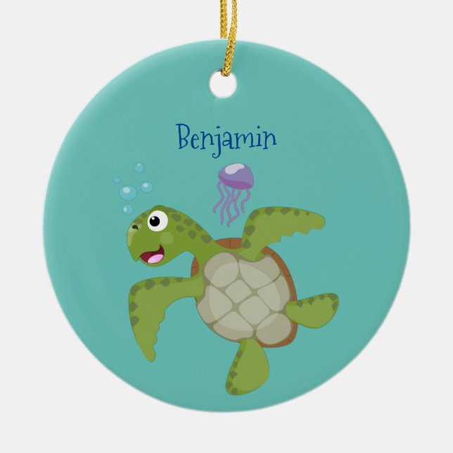 Cute green sea turtle happy cartoon illustration ceramic tree decoration (Front)