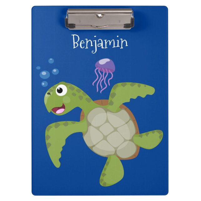 Cute green sea turtle happy cartoon illustration clipboard (Front)