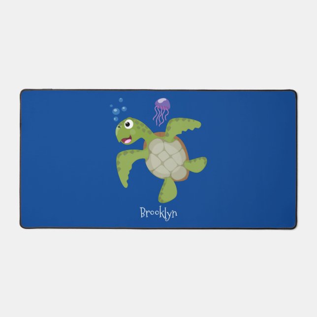 Cute green sea turtle happy cartoon illustration desk mat (Front)