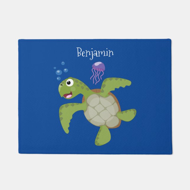 Cute green sea turtle happy cartoon illustration doormat (Front)