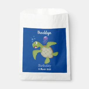 Cute green sea turtle happy cartoon illustration favour bags
