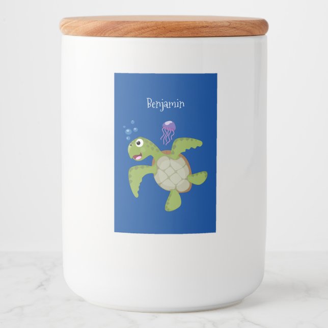 Cute green sea turtle happy cartoon illustration food label (Front)