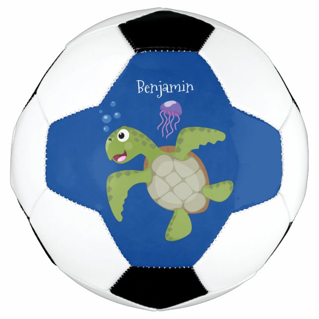 Cute green sea turtle happy cartoon illustration football (Front)
