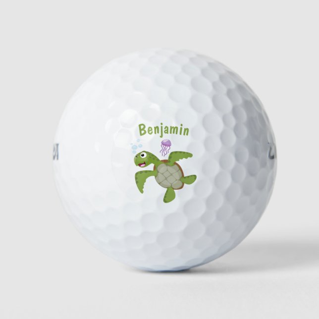 Cute green sea turtle happy cartoon illustration golf balls (Front)