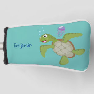 Cute green sea turtle happy cartoon illustration golf head cover