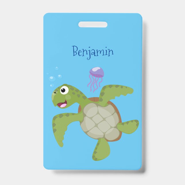 Cute green sea turtle happy cartoon illustration ID badge (Front)