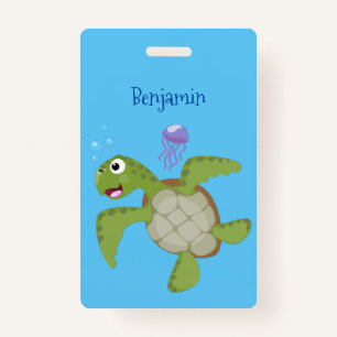 Cute green sea turtle happy cartoon illustration ID badge