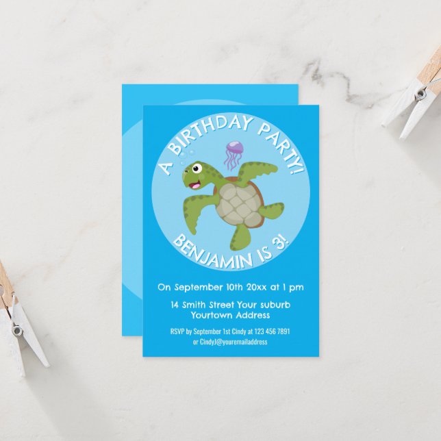 Cute green sea turtle happy cartoon illustration invitation (Front/Back In Situ)