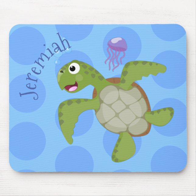 Cute green sea turtle happy cartoon illustration mouse mat (Front)