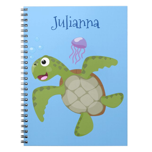 Cute green sea turtle happy cartoon illustration notebook (Front)