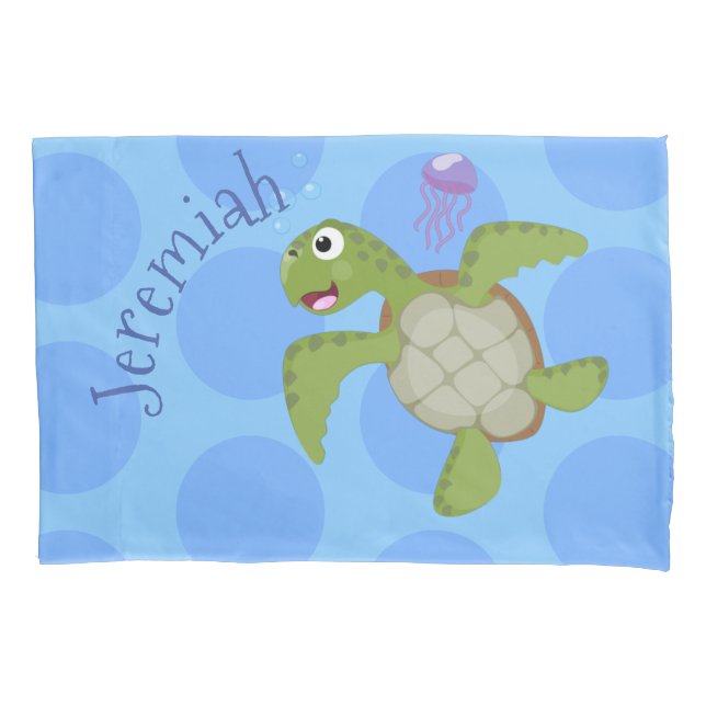 Cute green sea turtle happy cartoon illustration pillowcase (Front)