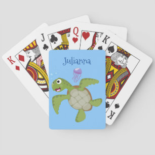Cute green sea turtle happy cartoon illustration playing cards