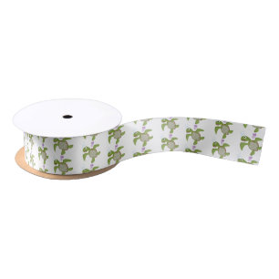 Cute green sea turtle happy cartoon illustration satin ribbon