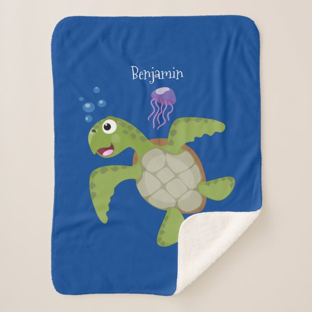 Cute green sea turtle happy cartoon illustration sherpa blanket (Front)