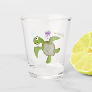Cute green sea turtle happy cartoon illustration  shot glass