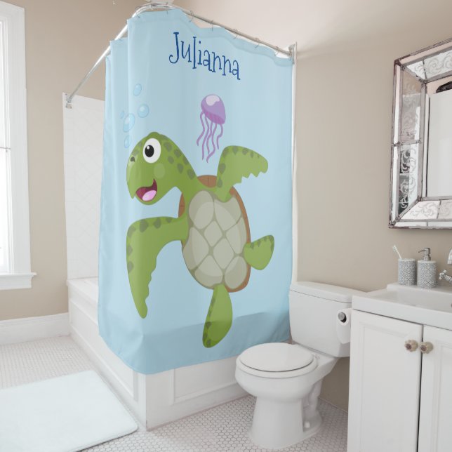 Cute green sea turtle happy cartoon illustration shower curtain (In Situ)