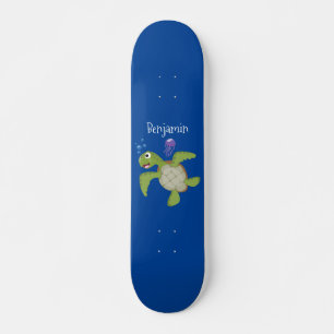 Cute green sea turtle happy cartoon illustration skateboard