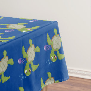 Cute green sea turtle happy cartoon illustration tablecloth