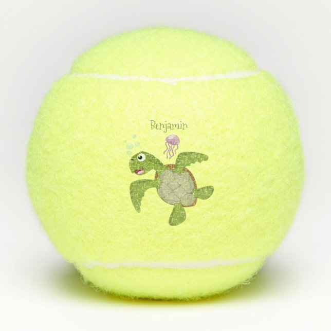 Cute green sea turtle happy cartoon illustration tennis balls (Front)