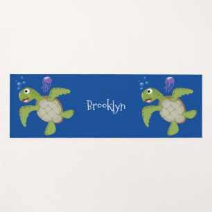 Cute green sea turtle happy cartoon illustration yoga mat