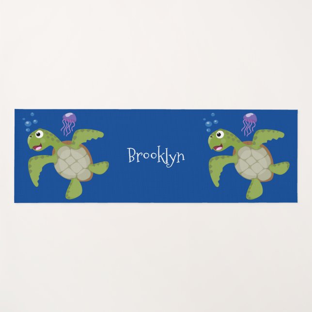 Cute green sea turtle happy cartoon illustration yoga mat (Front (Horizontal))