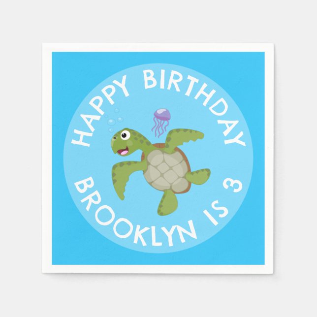 Cute green sea turtle happy cartoon personalised napkin (Front)
